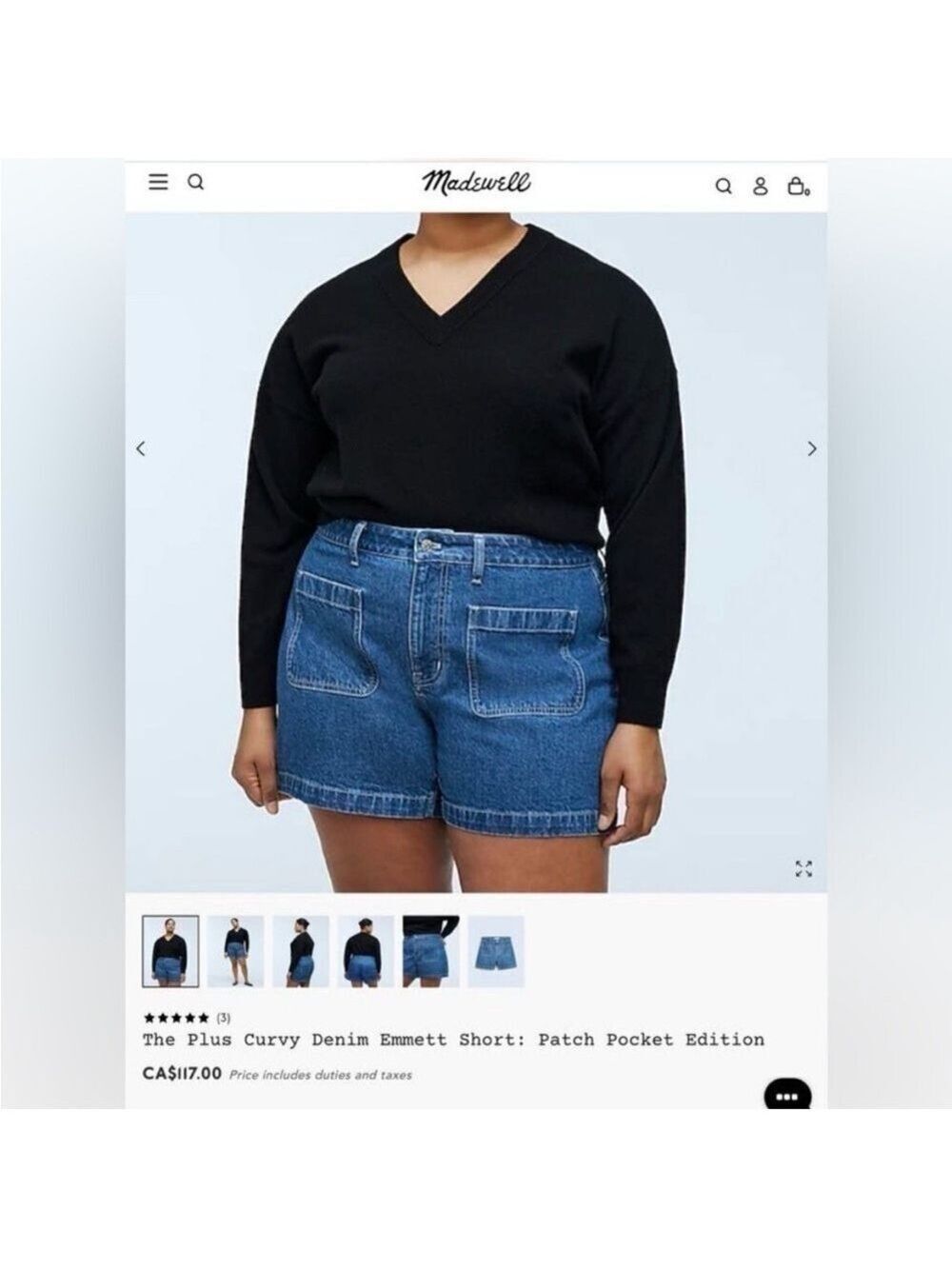 NWT Madewell Curvy Denim Emmett Jean Shorts Patch Pocket Plus 24W